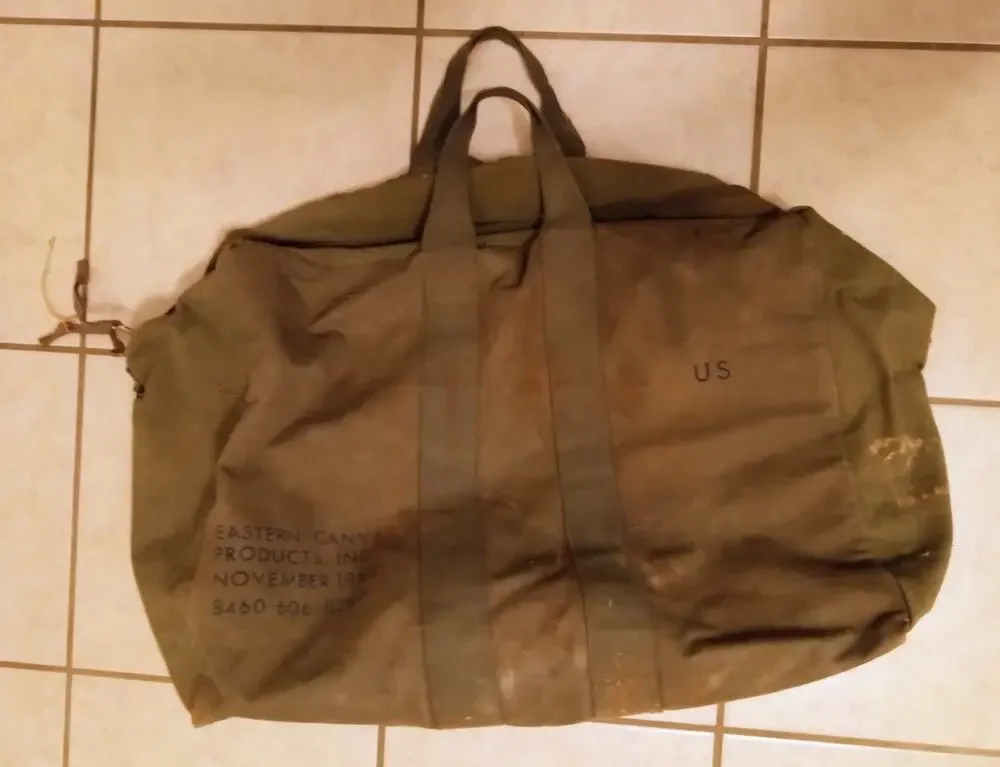 Vintage 1963 US Military Flyers Kit Bag Olive Drab Canvas Aviator Duffle Bag